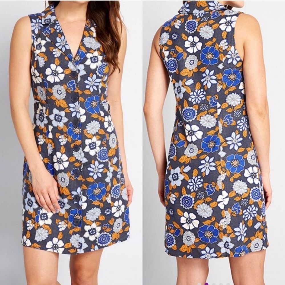 New! ModCloth Coasting Along Sleeveless Retro Linen Shirtdress Blue Mod Floral